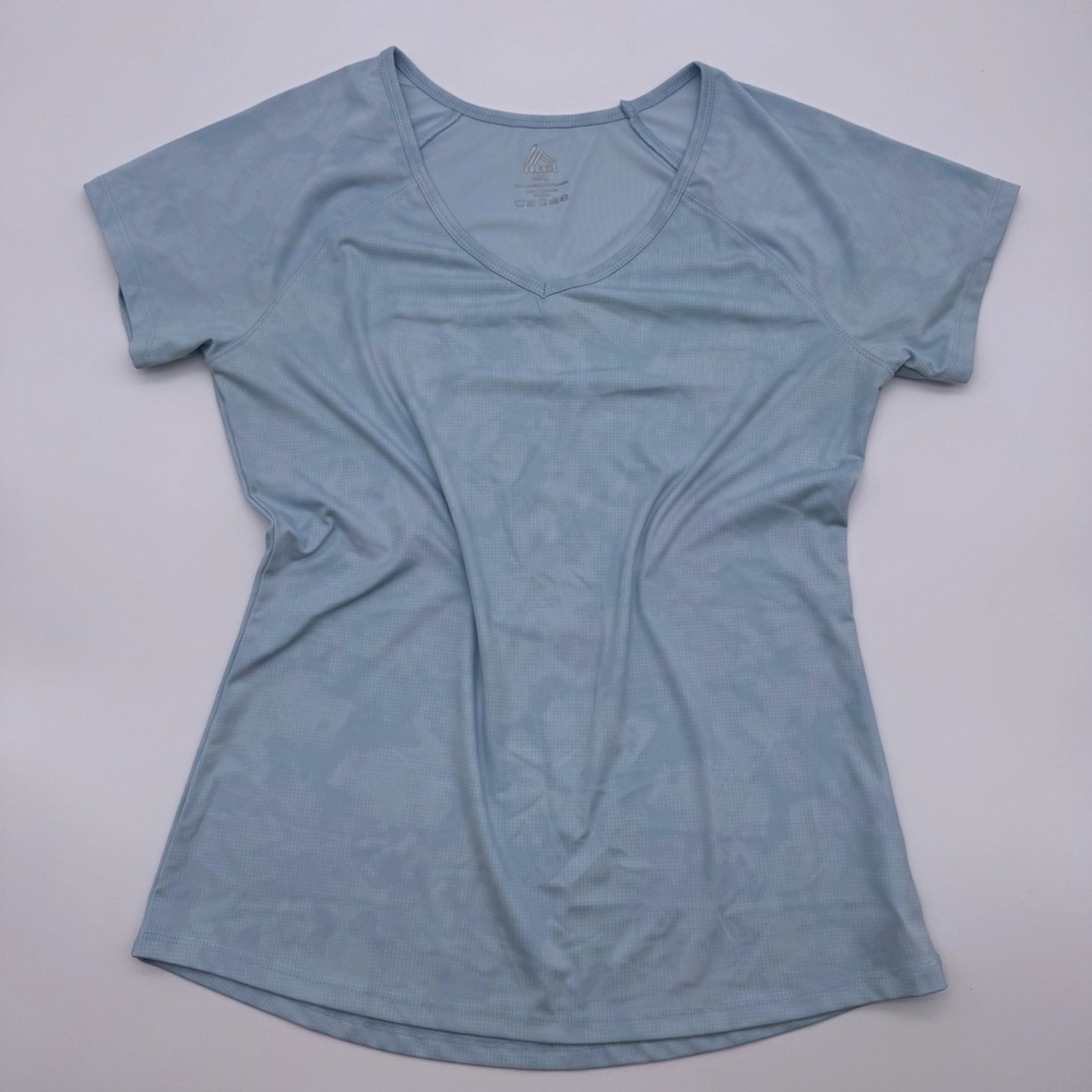 RBX Active Womens Blue Camo‎ V-Neck Short Sleeve Workout Performance T-Shirt M